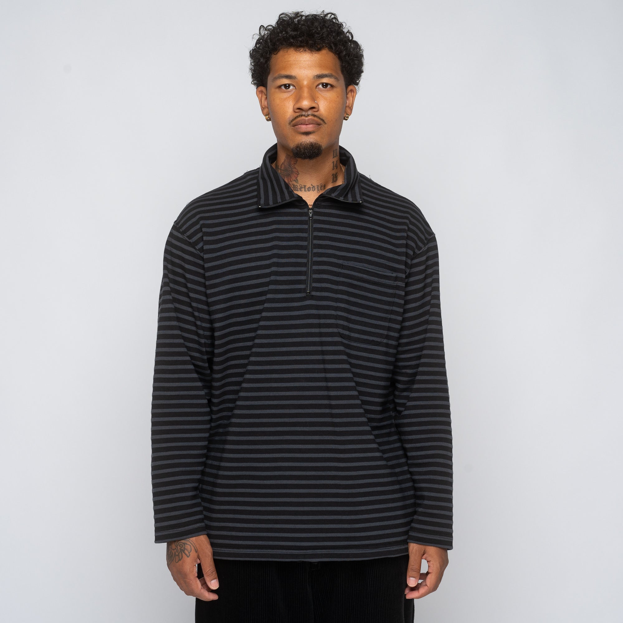 EG Zip Mock Neck L/S Charcoal PC Stripe 24F1B035